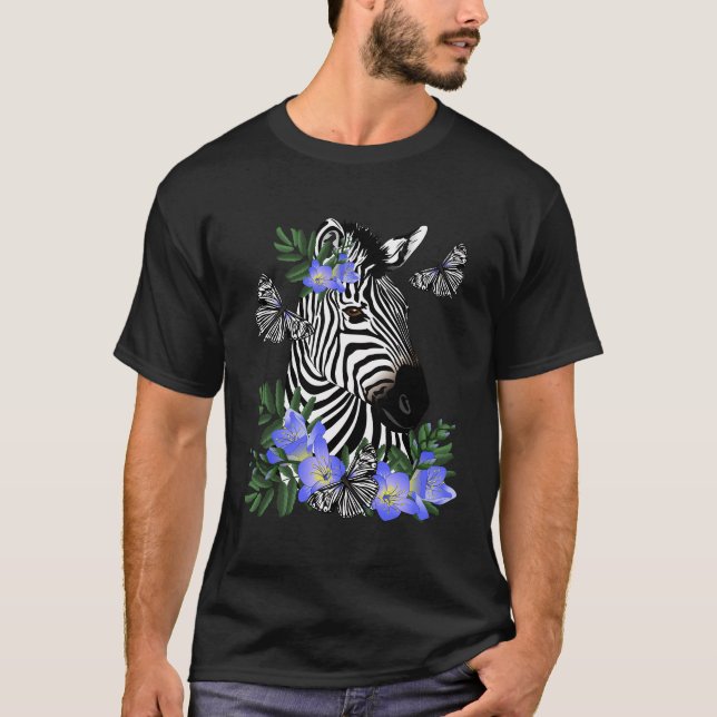 Zebra With Blue Freesia T-Shirt (Front)