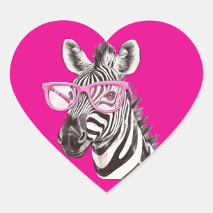 Zebra with Pink Glasses Dark Pink Background Heart Sticker