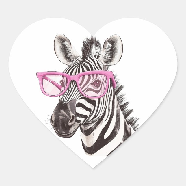 Zebra with Pink Glasses Heart Sticker (Front)