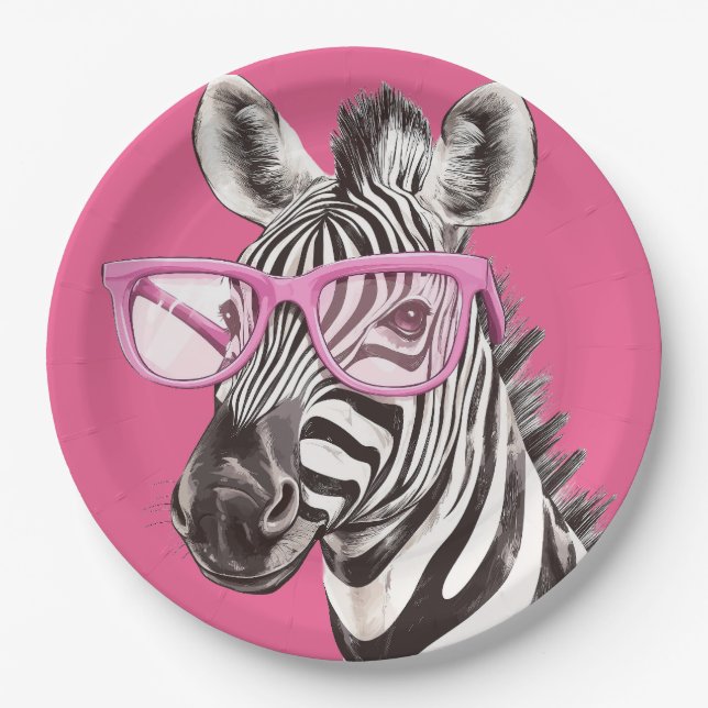 Zebra with Pink Glasses Paper Plate (Front)