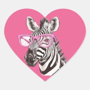Zebra with Pink Glasses Pink Background Heart Sticker