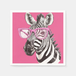 Zebra with Pink Glasses - Pink Background Napkin