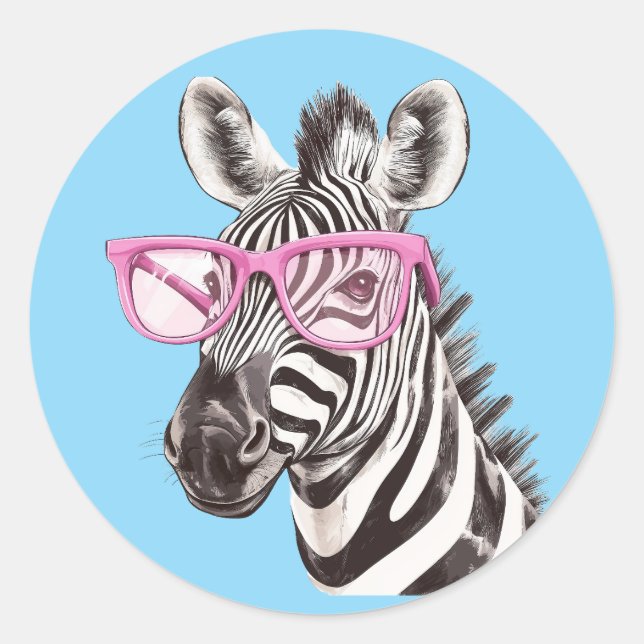 Zebra with Pink Glasses Sticker Blue Background (Front)