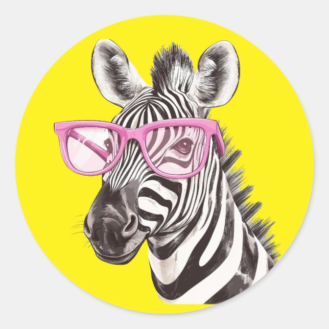 Zebra with Pink Glasses Yellow Background Sticker (Front)
