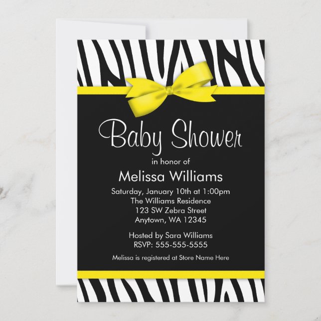 Zebra Yellow Printed Bow Baby Shower Invitations (Front)