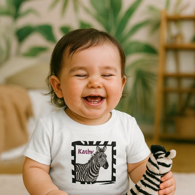 Zebra Zoo Animal Baby Girl T-Shirt (Personalized tee with zebra toy perfect for playful toddlers in pink jeans and happy giggles!)
