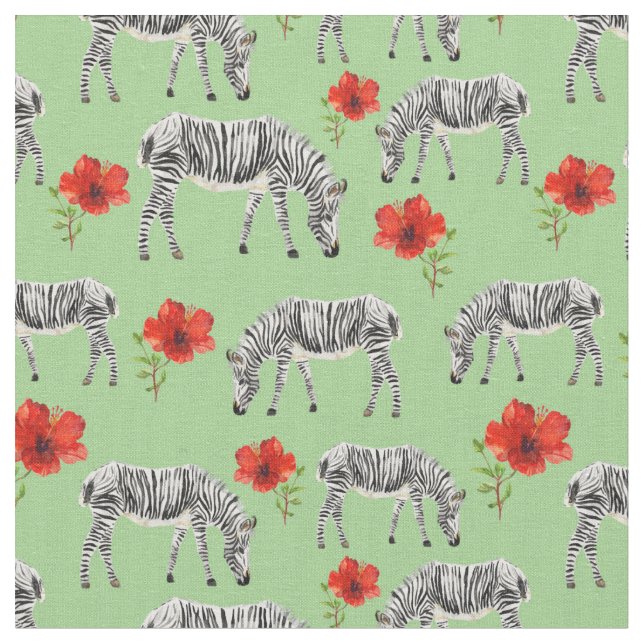 Zebras Among Hibiscus Flowers Fabric (Close Up)