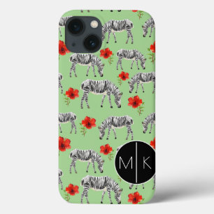 Zebras Among Hibiscus Flowers   Monogram iPhone 13 Case