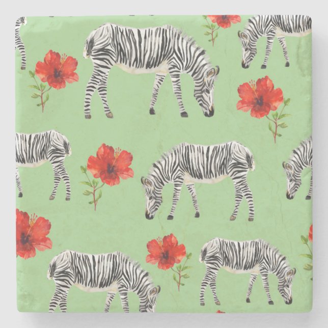 Zebras Among Hibiscus Flowers Stone Coaster (Front)