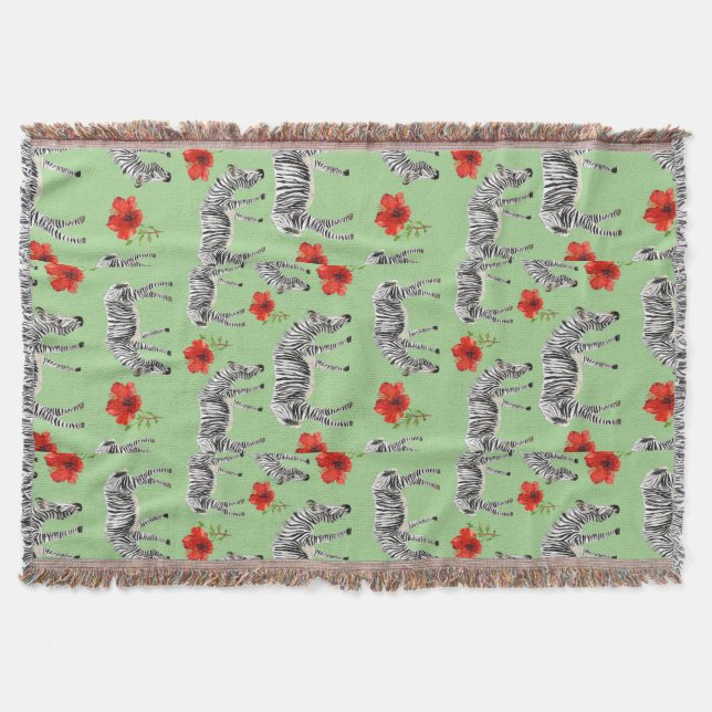 Zebras Among Hibiscus Flowers Throw Blanket (Front)
