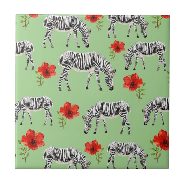 Zebras Among Hibiscus Flowers Tile (Front)