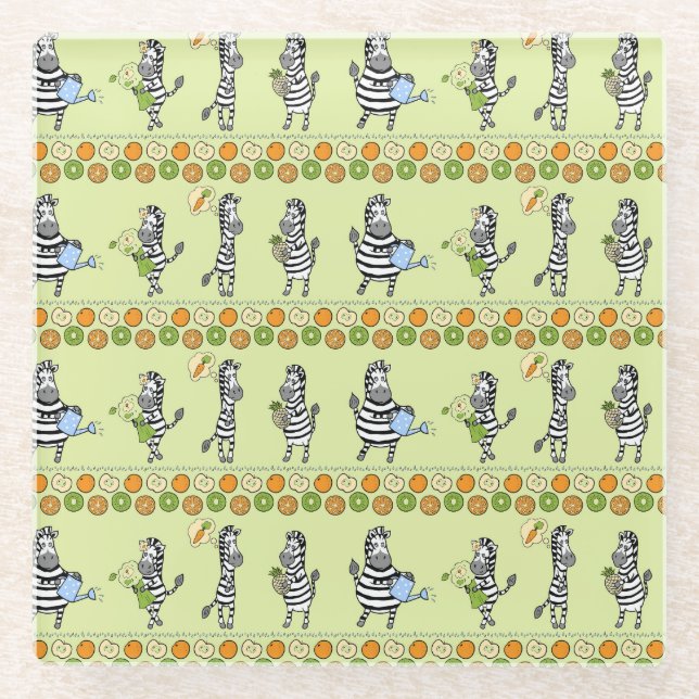 Zebras and Fruits Seamless Pattern Glass Coaster (Front)