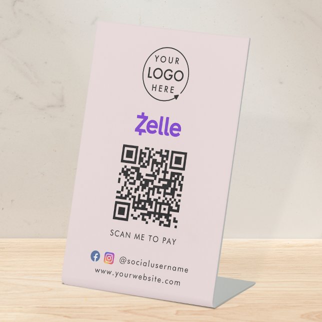 Zelle QR Code Payment | Scan to Pay Business Pink Pedestal Sign (Interactive "scan to pay” QR code cash wrap table signage for collecting digital payment by Zelle.)