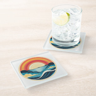 Zen Art Deco Sunset over Water Glass Coaster