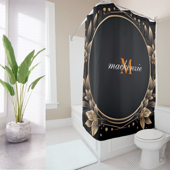 Zen Art Spiritual Awakening Orange Monogram Script Shower Curtain (Creator Uploaded)