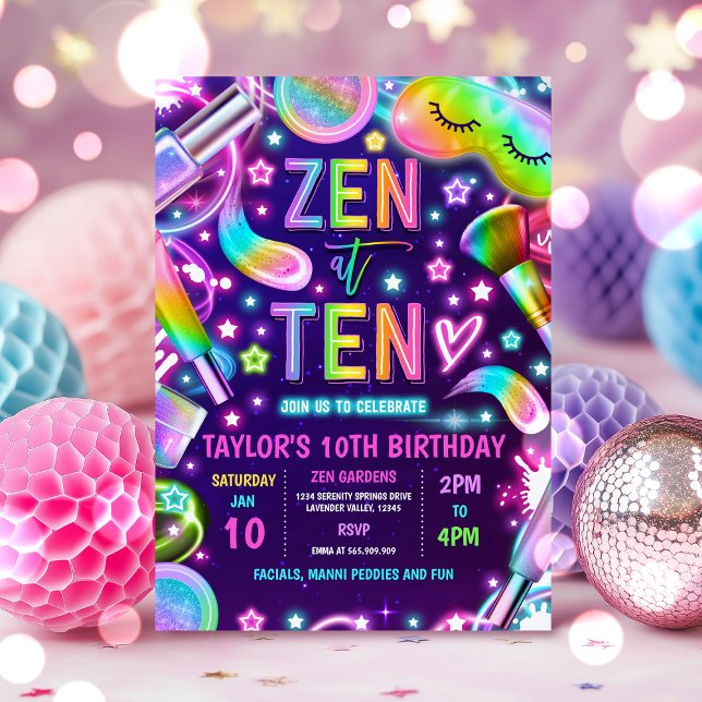 Zen At Ten Neon Glow Spa Makeup 10th Birthday Invitation (Creator Uploaded)