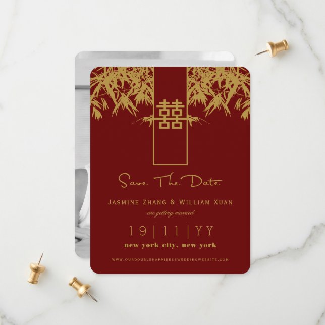 Zen Bamboo Double Happiness Chinese Save The Date (Front/Back In Situ)