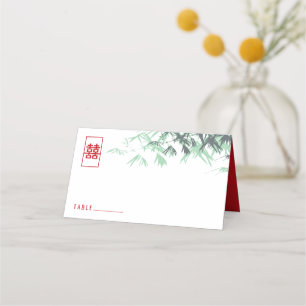 Zen Bamboo Leaves Double Happiness Chinese Wedding Place Card