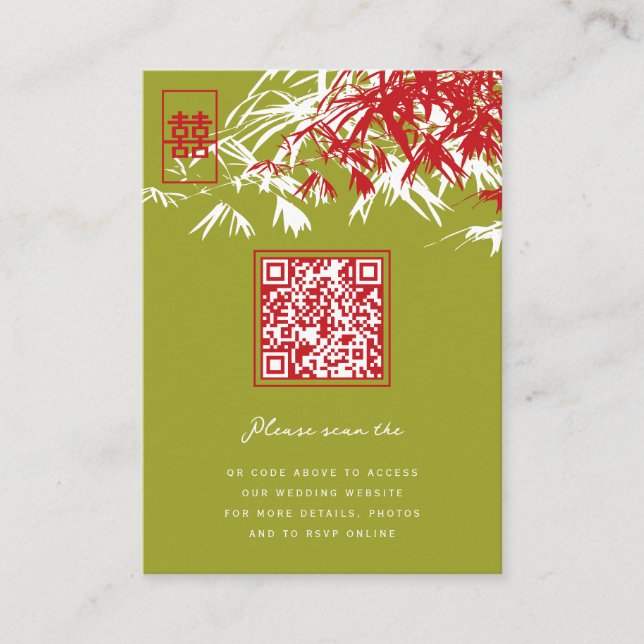 Zen Bamboo Leaves Double Happiness Chinese Wedding Place Card (Front)