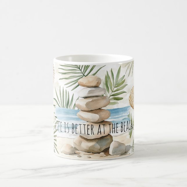 Zen Beach Rocks Tropical Shells Palm Leaves Coffee Mug (Center)