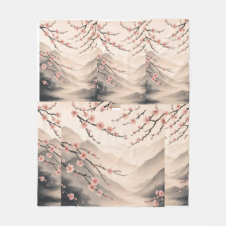 Zen Blossom Serenity: Ink Wash Harmony Description Fleece Blanket