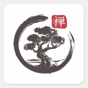 Zen Bonsai Tree Enso Circle Japanese Square Sticker
