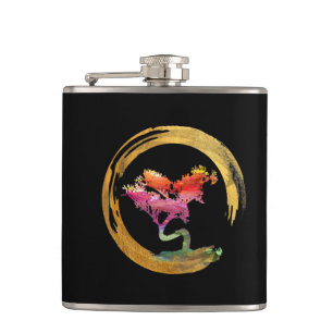 Zen Bonsai Tree Japanese Circle Enso Asian Art Hip Flask