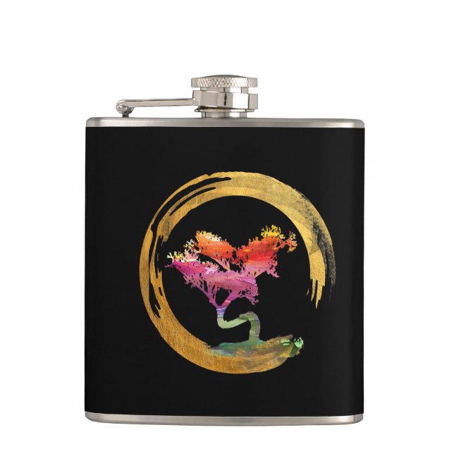Zen Bonsai Tree Japanese Circle Enso Asian Art Hip Flask (Front)