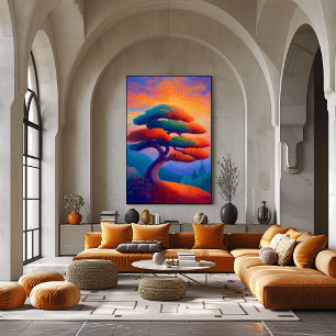 Zen Bonsai Tree Pointillism Landscape Art Poster