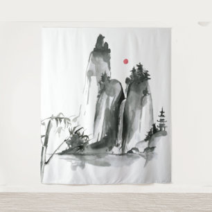 Zen Buddhism temple in the mountains Tapestry