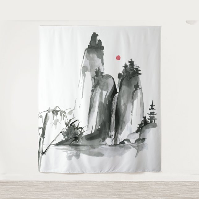 Zen Buddhism temple in the mountains Tapestry (Front)