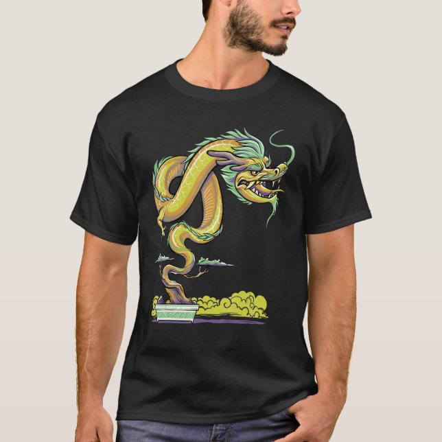 Zen Buddhist Japanese Aesthetic Dragon Bonsai Tree T-Shirt (Front)