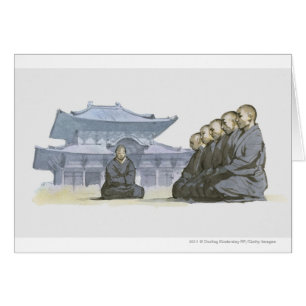 Zen Buddhist monks kneeling outside temple
