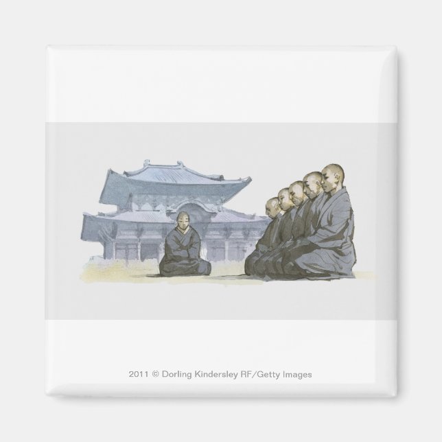 Zen Buddhist monks kneeling outside temple Magnet (Front)