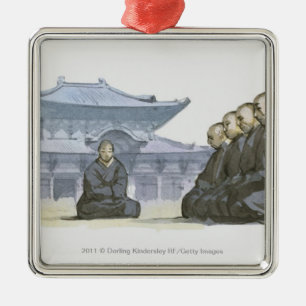 Zen Buddhist monks kneeling outside temple Metal Tree Decoration