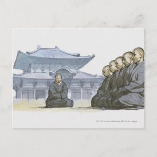 Zen Buddhist monks kneeling outside temple Postcard