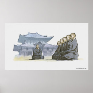 Zen Buddhist monks kneeling outside temple Poster