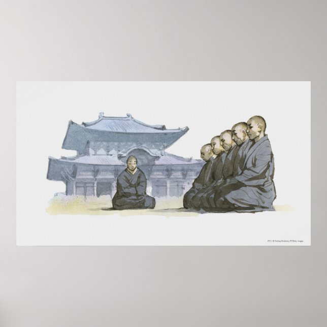 Zen Buddhist monks kneeling outside temple Poster (Front)