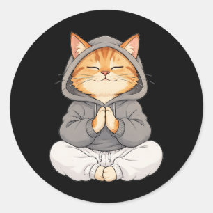Zen Cat in Hoodie – Cute Meditating Cartoon Cat Classic Round Sticker