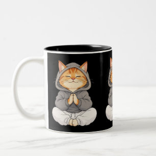 Zen Cat in Hoodie – Cute Meditating Cartoon Cat Two-Tone Coffee Mug