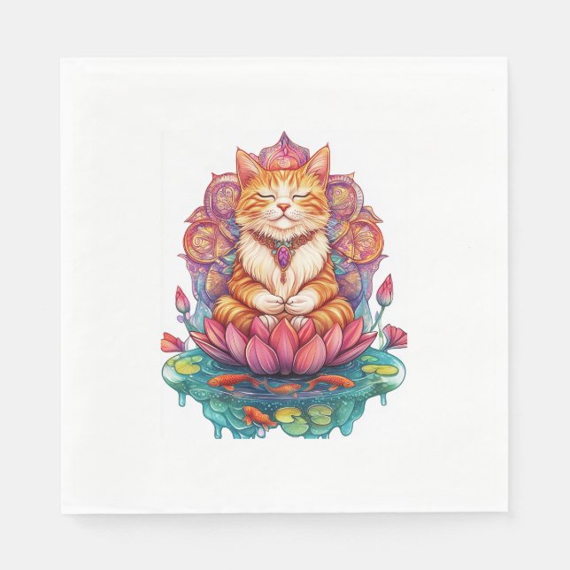 Zen Cat Vibes – Meditating Kitty Psychedelic Napkin (Front)