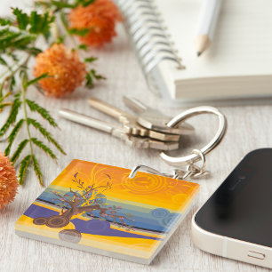 Zen Cherry Blossom Tree Abstract Sunset Art Key Ring