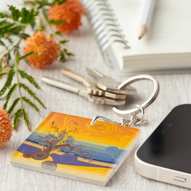 Zen Cherry Blossom Tree Abstract Sunset Art Key Ring (Creator Uploaded)