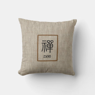 Zen Chinese word and text on beige burlap print Cushion