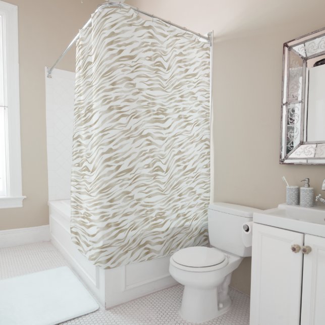 Zen Cream White Cocoa Brown Zebra Print Shower Curtain (In Situ)
