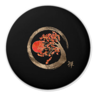 Zen Enso Circle and Golden Sakura Tree Ceramic Knob