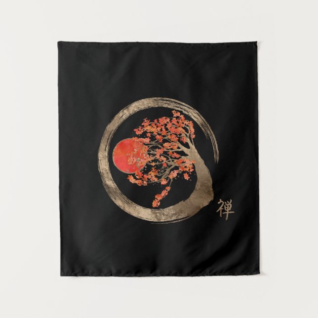 Zen Enso Circle and Golden Sakura Tree Tapestry (Front)