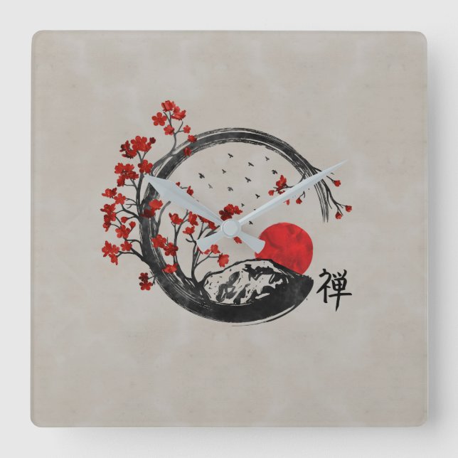Zen Enso Circle and Sakura Branches Square Wall Clock (Front)