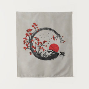 Zen Enso Circle and Sakura Branches Tapestry