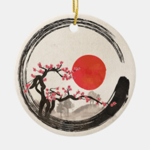 Zen Enso Circle and Sakura Tree Ceramic Tree Decoration